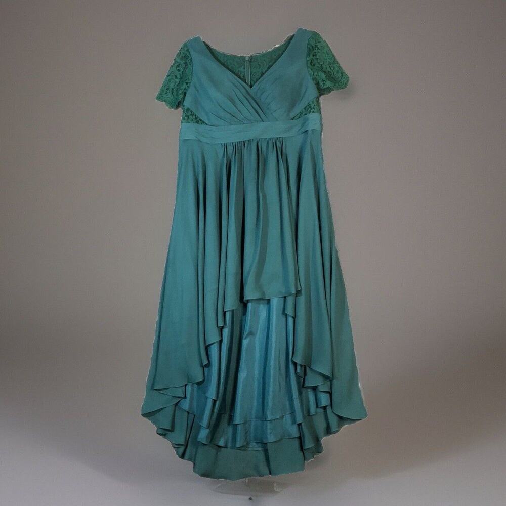 JJ's House Dress Womens 14 Teal Chiffon Lace Asymmetrical Mother of Bride V Neck